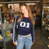 Çizgili Mavi İnce Yuvarlak Yaka Uzun Kollu Tİşört Zalle